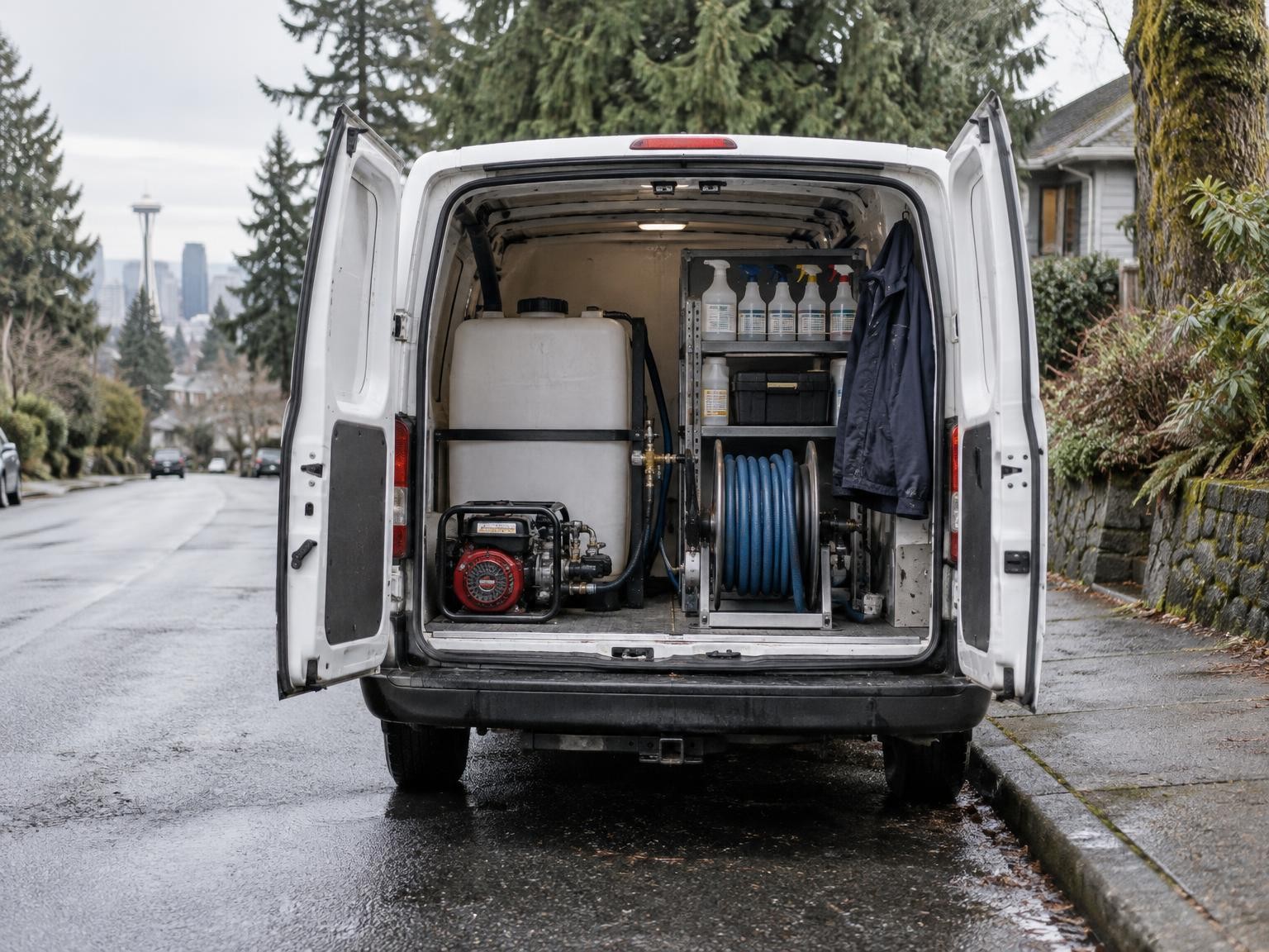 Our service van with its side door open on a residential street